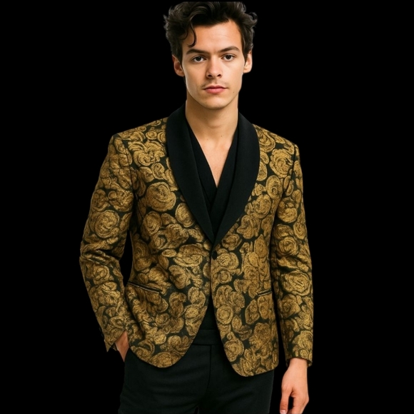 Black Velvet Gold Floral Sequins Modern Harry Styles Inspo Tuxedo Jacket Sz XL - Picture 1 of 12